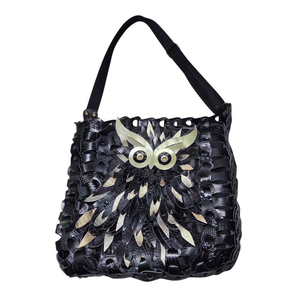 Octopus Owl Shoulder Bag Black Leather Patchwork‎ Purse Boho Art Tote